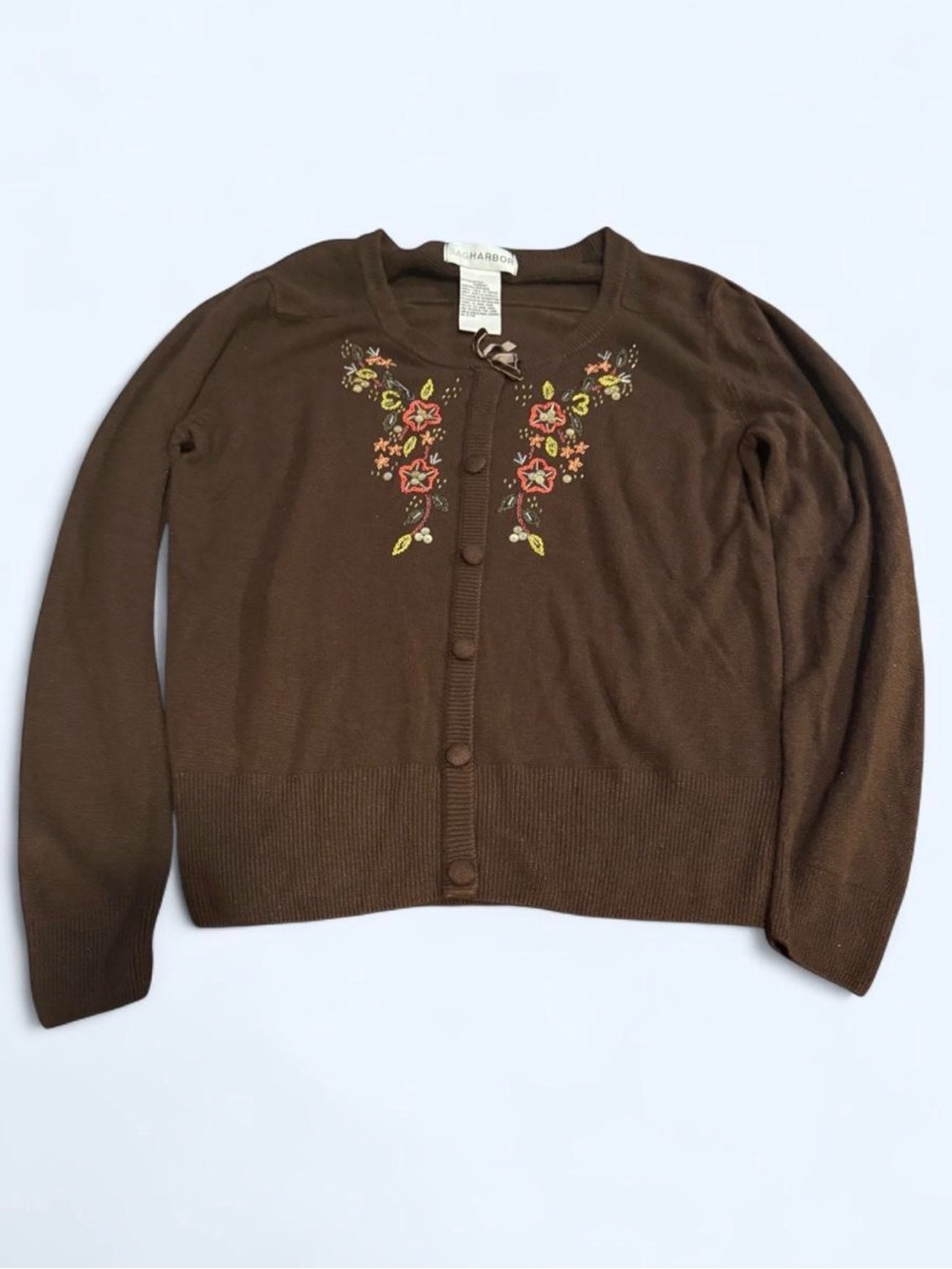 Sag Harbor Brown Embroidered Floral Button Cardigan